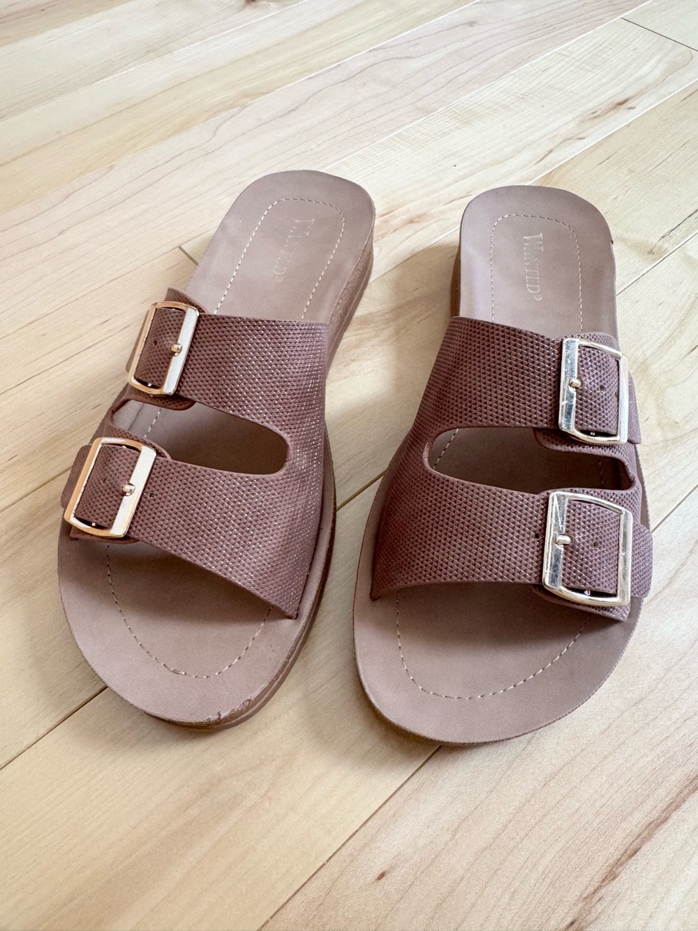 Double Buckle Footbed Slide Sandals, Rose Gold/ Shimmery Taupe Brown, Size 6